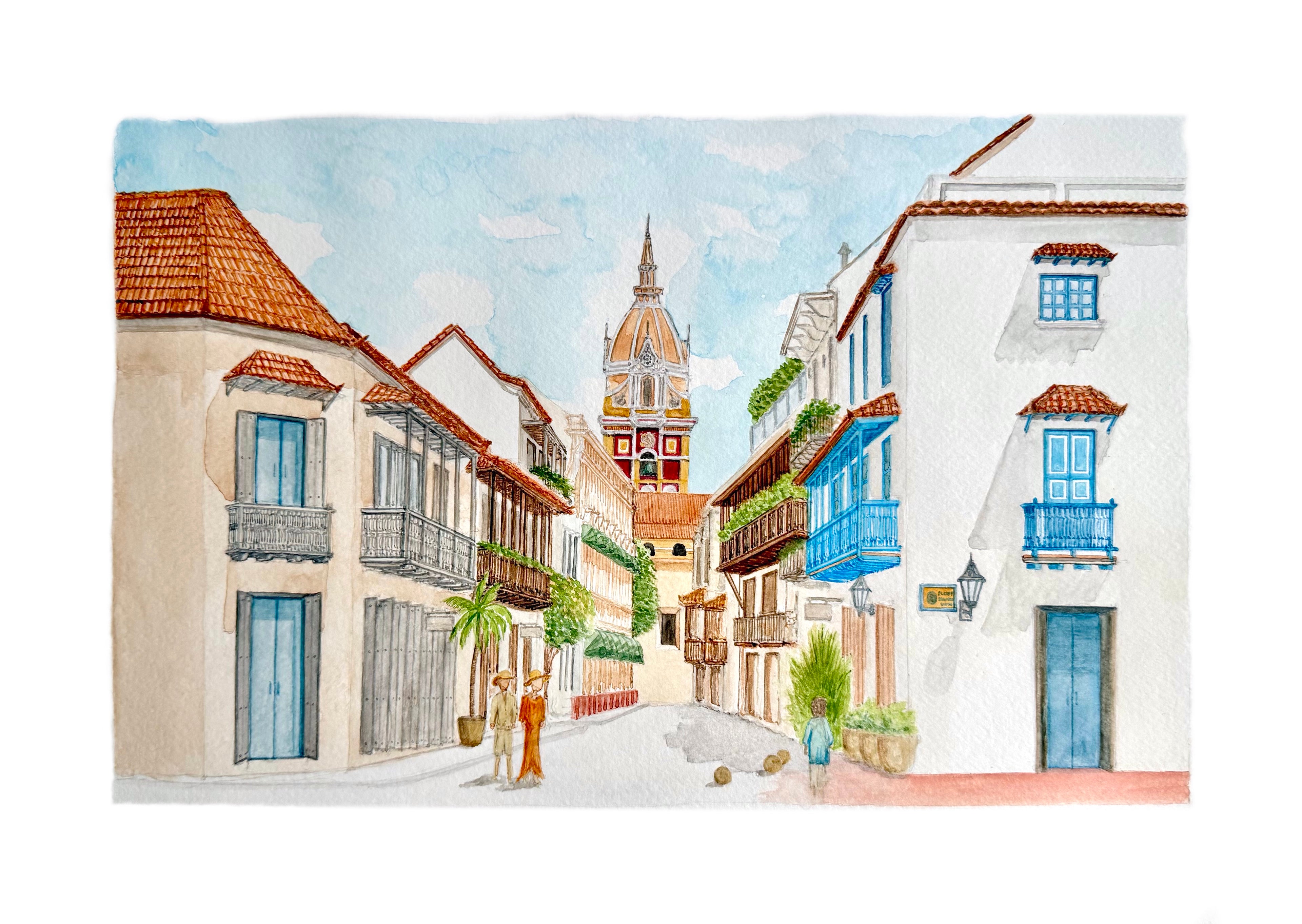 Painting of a street scene with buildings and a clock tower.